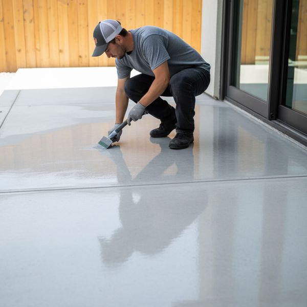 A professional applies a fresh layer of clear sealer to an outdoor concrete patio. reseal.jpg