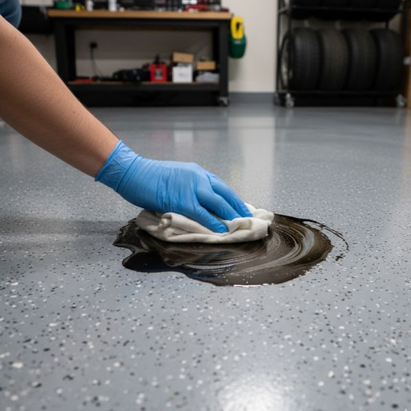 Hand wiping a spill on a garage epoxy floor oilspill.jpg