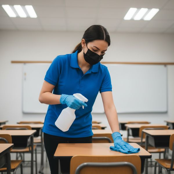 A professional cleaner in a plain blue uniform and black mask, wearing blue gloves, carefully disinfects the surface of a classroom desk with a spray bottle and microfiber cloth.