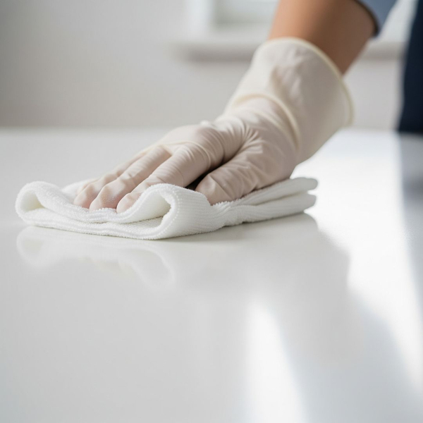 Close-up of a professional wiping a desk. Close-up of a professional wiping a desk.
