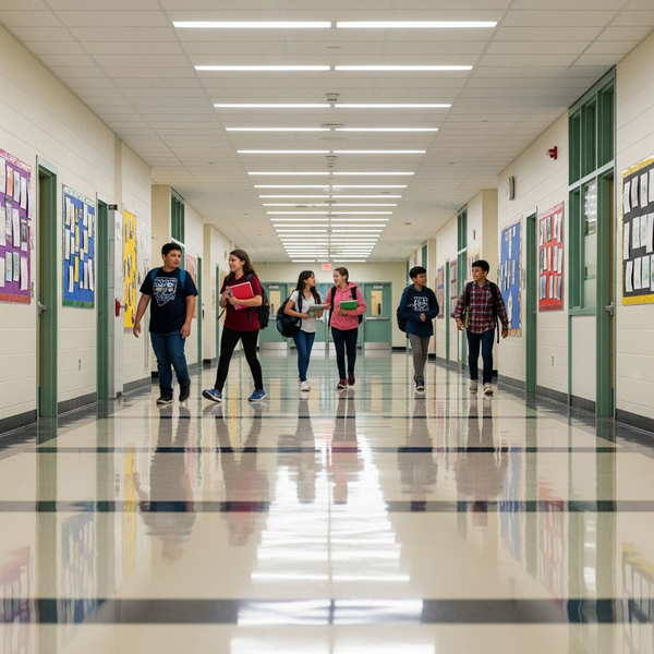 A school hallway with polished floors reflecting light. A school hallway with polished floors reflecting light.
