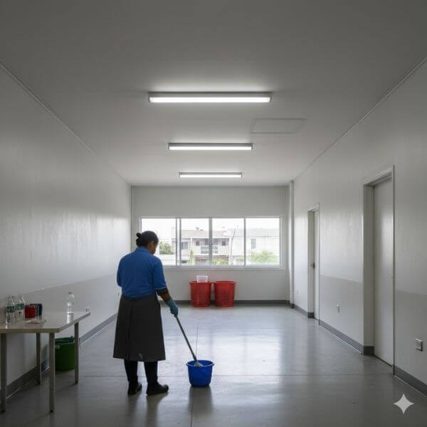 A professional cleaner mops a clean, empty hallway in a religious facility, emphasizing specialized cleaning for worship areas.