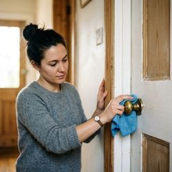 Image of a woman cleaning a doorknob