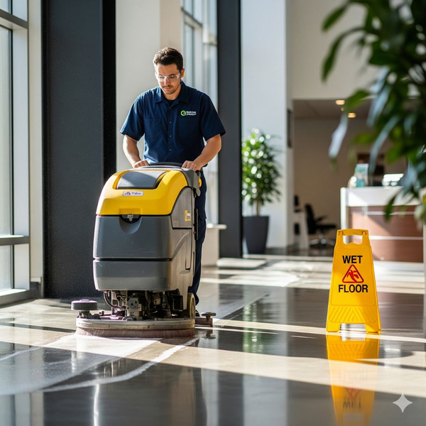 A trained professional cleaner using advanced floor cleaning equipment.
