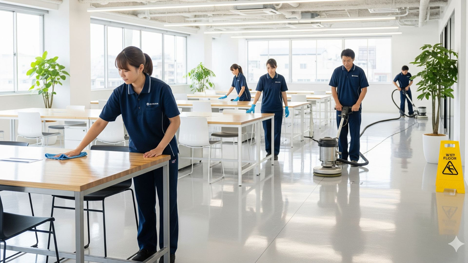 A professional cleaning team from a local cleaning service meticulously cleaning a corporate office