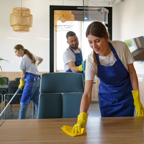 Professionals clean office spaces