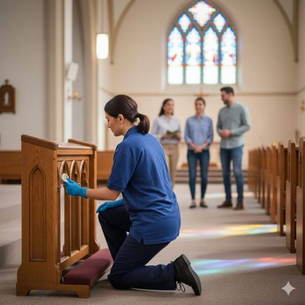  GS Solutions cleaner kneels respectfully, cleaning a wooden pew in a church while a small group of congregants stands discreetly in the background, out of focus.