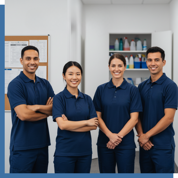A diverse team of four smiling GS Solutions cleaning professionals, dressed in sharp dark blue polo shirts with the company logo, stand confidently with crossed arms in an organized supply room.