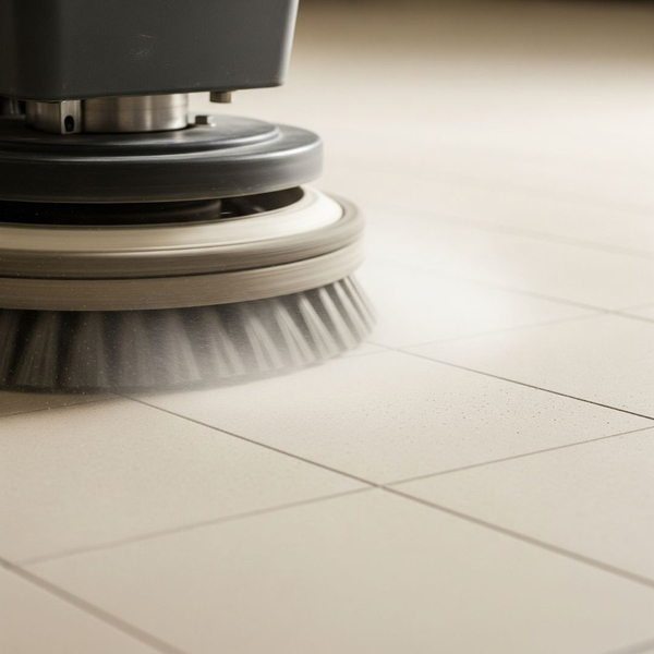 A close-up shot of a commercial-grade floor buffer polishing a vinyl composite tile (VCT) floor. The image has a 1:1 aspect ratio. A close-up shot of a commercial-grade floor buffer polishing a vinyl composite tile (VCT) floor. The image has a 1:1 aspect ratio.
