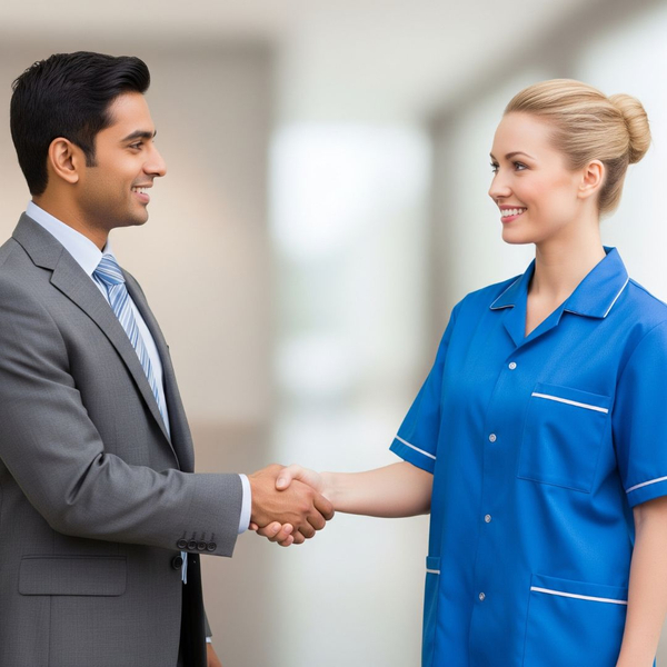 Handshake between a business owner and a cleaning service representative. Handshake between a business owner and a cleaning service representative.