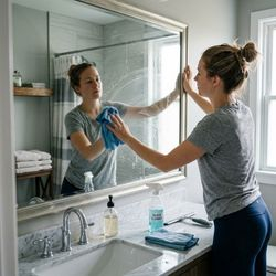 Image of a woman cleaning a bathroom mirror