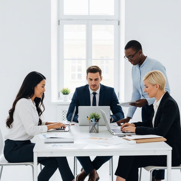 Diverse team of business professionals working in a spotless office. Diverse team of business professionals working in a spotless office.