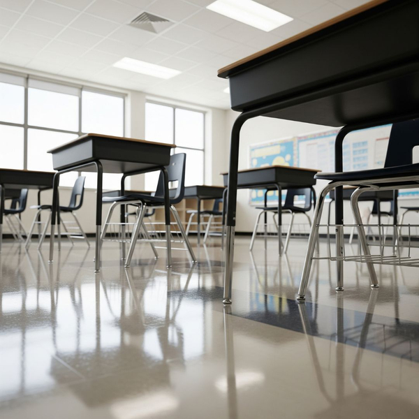 A close-up of a professionally cleaned classroom with gleaming floors and sanitized desks. A close-up of a professionally cleaned classroom with gleaming floors and sanitized desks.