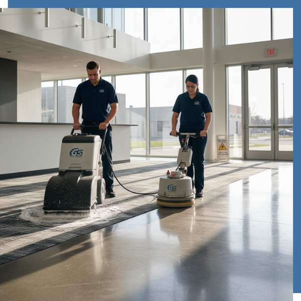 A female GS Solutions cleaner, wearing a face mask, gloves, and a dark blue uniform, operates a commercial-grade HEPA filter vacuum in a modern, open-plan office space. A bottle of eco-friendly cleaning spray is visible on a desk in the background, emphasi
