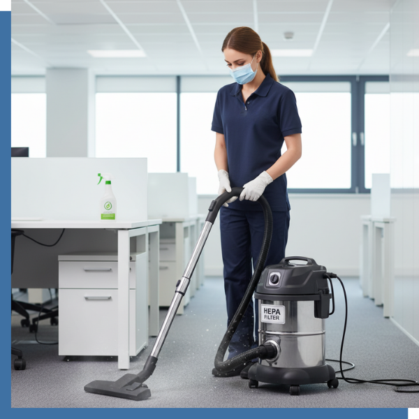 A female GS Solutions cleaner, wearing a face mask, gloves, and a dark blue uniform, operates a commercial-grade HEPA filter vacuum in a modern, open-plan office space. A bottle of eco-friendly cleaning spray is visible on a desk in the background, emphasi