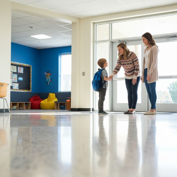 A smiling teacher warmly greets a young boy with a backpack as his mother looks on, in the bright, clean, and welcoming entryway of a modern school.