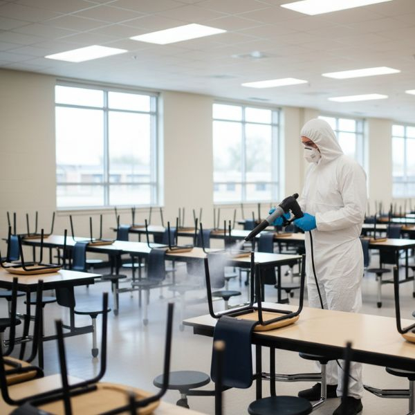 A trained professional in a plain white hazmat suit, mask, and blue gloves uses an electrostatic sprayer to disinfect tables and chairs in a large, empty school cafeteria.