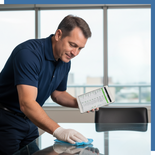 A diligent GS Solutions cleaner, wearing a dark blue polo and white gloves, meticulously wipes down a shiny glass conference table with a blue microfiber cloth. He is simultaneously checking off items on a digital checklist displayed on a tablet, showcasin