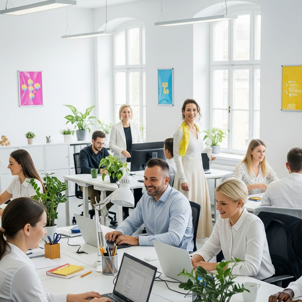 Employees in a clean, bright work environment Employees in a clean, bright work environment