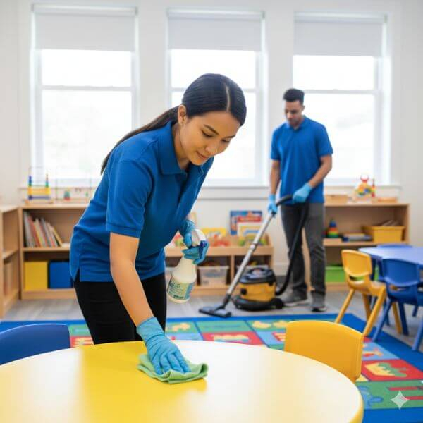 Two GS Solutions cleaners sanitize a brightly lit children's classroom in a religious facility, with one wiping down a table and the other vacuuming.