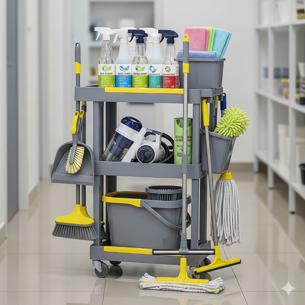 Professional-grade cleaning equipment and supplies used by our cleaning services.