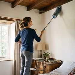 Image of a woman cleaning cobwebs from a room
