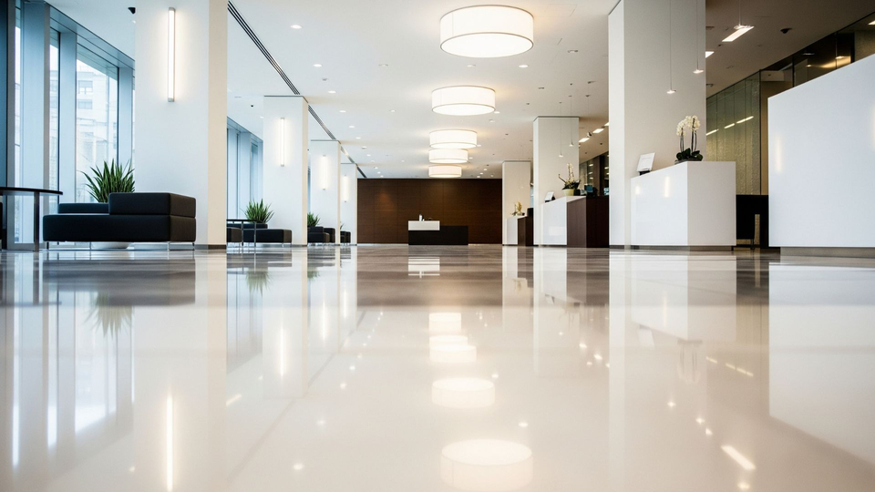 A pristine and polished office lobby floor, reflecting the high-quality commercial cleaning services in Des Moines.