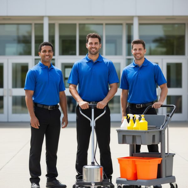  A diverse team of three smiling male commercial cleaners in plain blue polo shirts stands proudly with their cleaning equipment, including a floor buffer and a janitor's cart, in front of a modern school building entrance.
