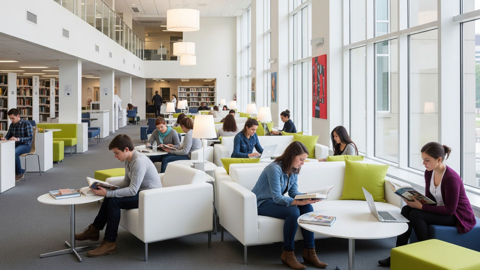 A bright, clean, and modern university library common area.