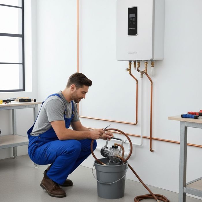 Plumber performing a professional flush on a residential tankless water heater