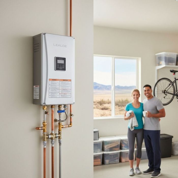 tankless water heater on wall in garage 