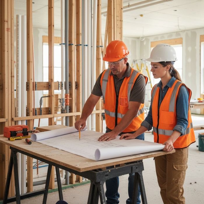 Construction site with two workers reviewing blueprints near exposed new plumbing
