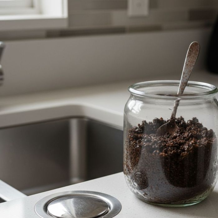 Close-up of a clean kitchen sink drain beside a container of grease and coffee grounds