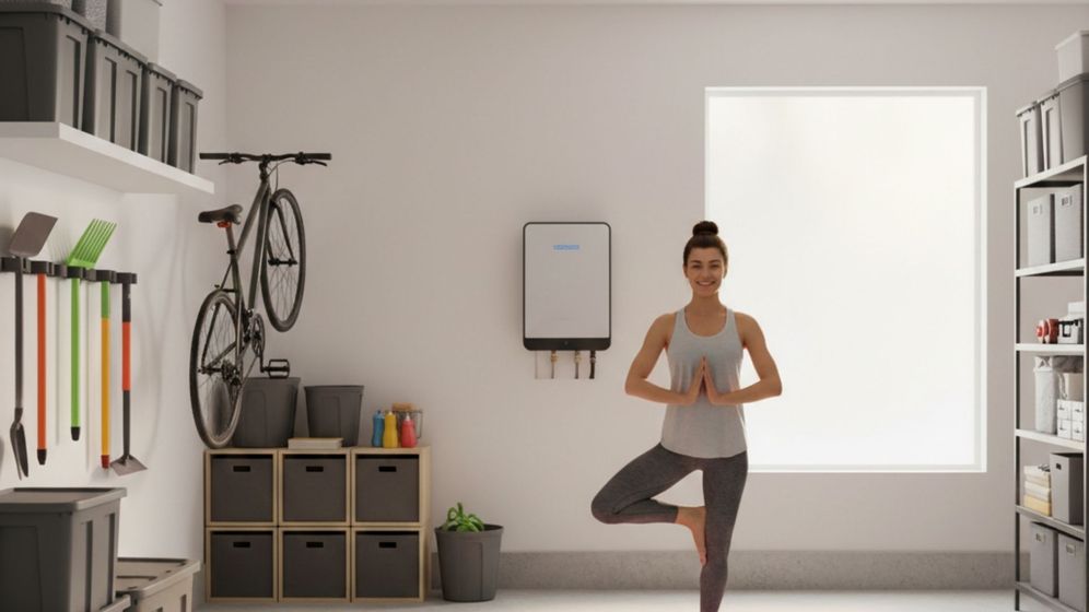 woman does yoga in the garage with tankless water heater 