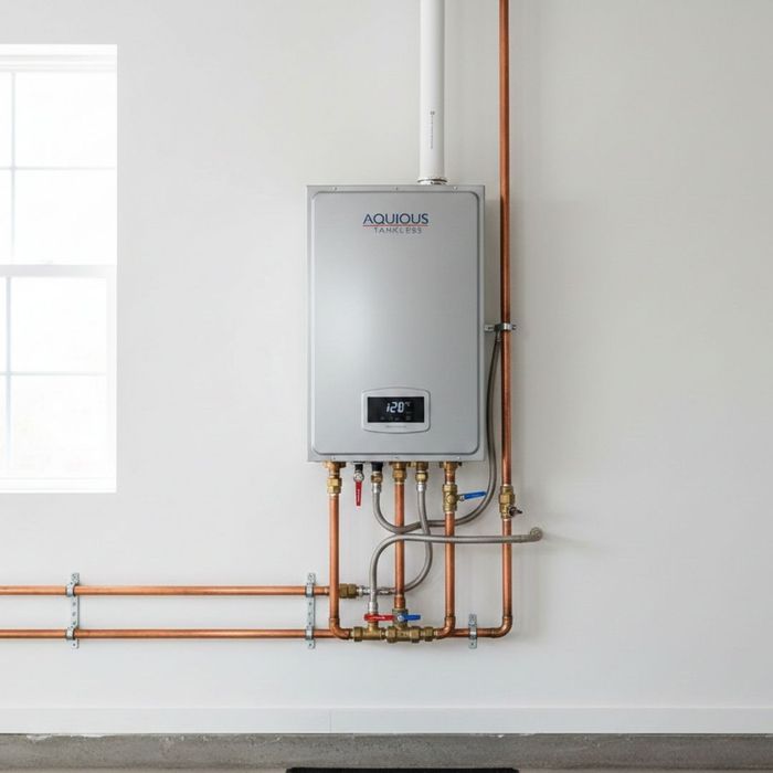 tankless water heater on the garage wall 
