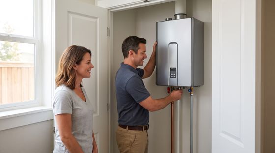 A Reno plumber wearing an unbranded shirt installs a tankless water heater while the homeowner observes. What To Consider When Choosing a New Water Heater-Image1.jpeg