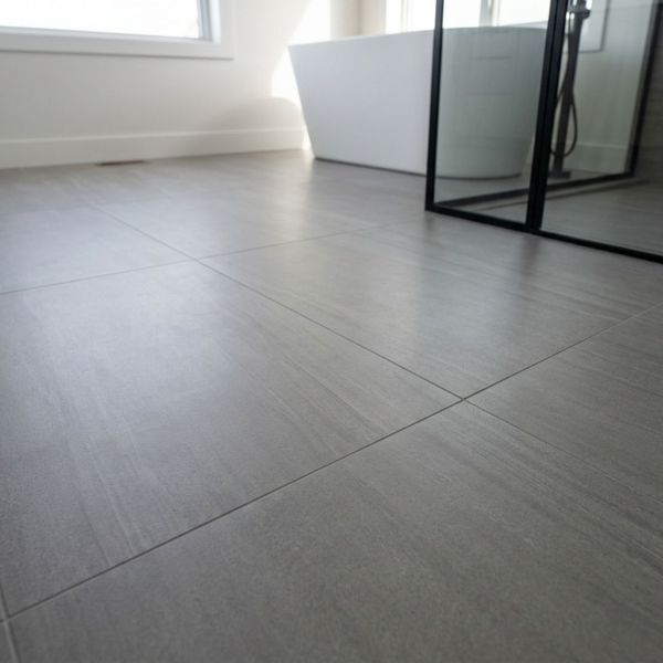 Bathroom floor featuring large-format gray porcelain tiles for a seamless and modern appearance.