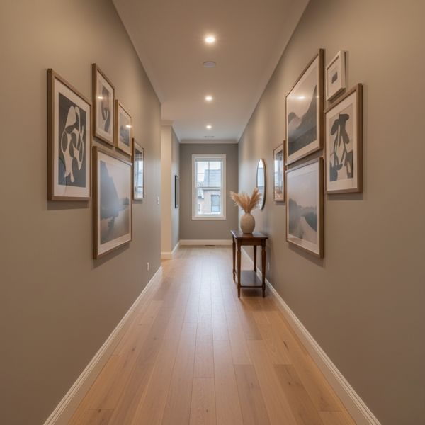 A narrow hallway with long planks running lengthwise