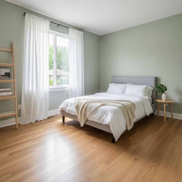 A small bedroom with wide plank light oak flooring