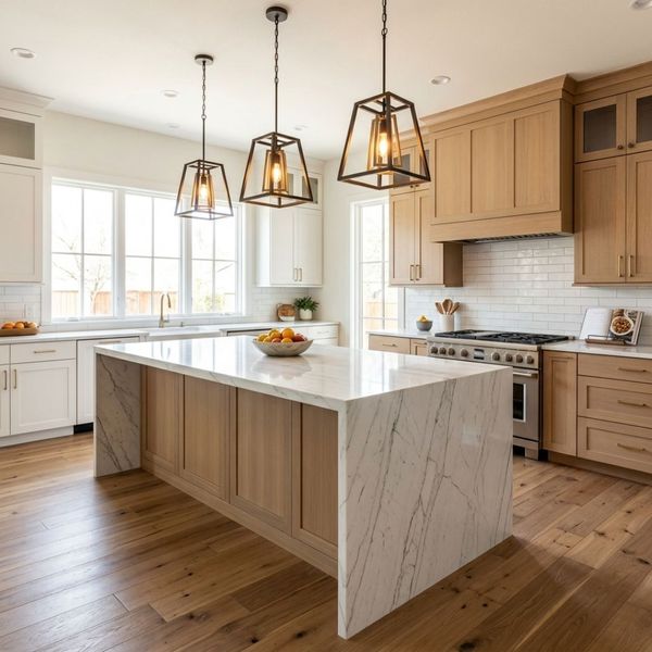 Newly renovated kitchen with a large island, marble counters, pendant lighting, and elegant wood flooring.