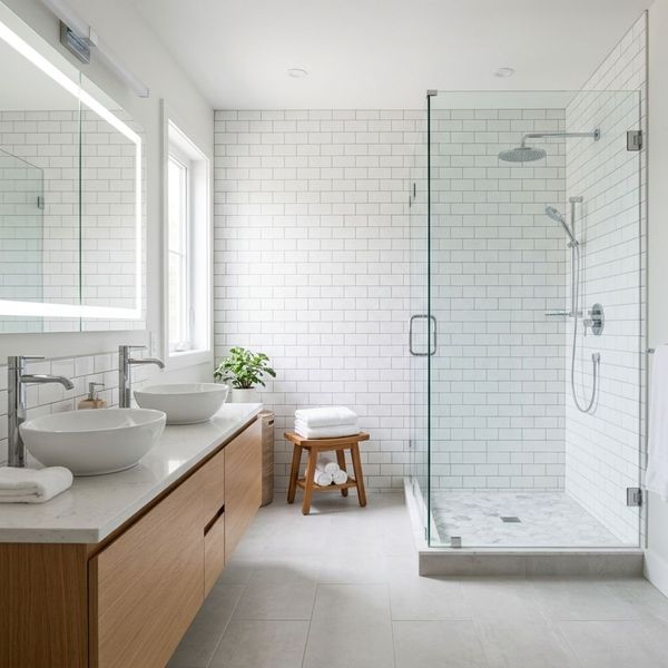 Luxurious bathroom renovation with a frameless glass shower, double vanity, modern fixtures, and clean subway tile.