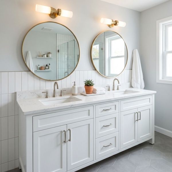 Stylish double vanity with white cabinetry, dual sinks, and large mirrors in a renovated bathroom.
