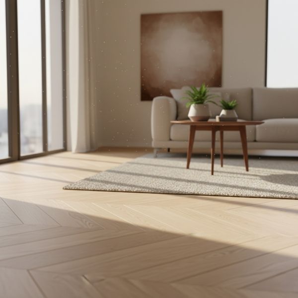 living room with light wood planks installed diagonally
