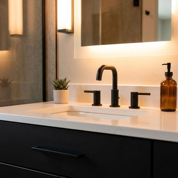 Elegant matte black bathroom sink fixtures and warm LED vanity lighting.