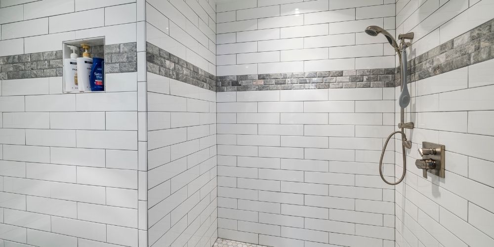 close up of tile work of large shower