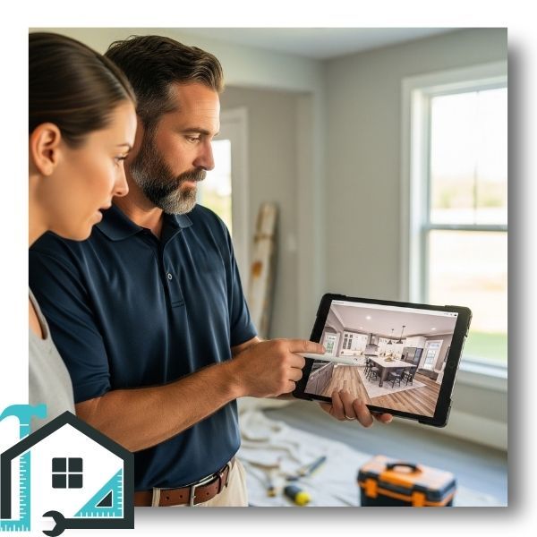 general contractor reviewing renovation drawing with client general contractor reviewing renovation drawing with client