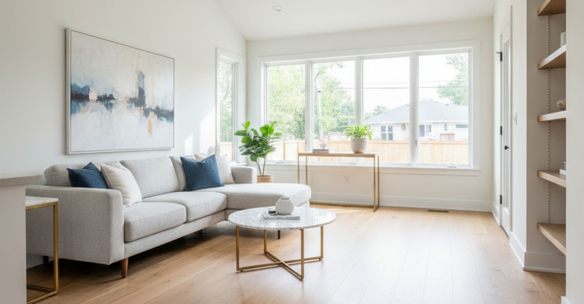 A bright open-concept home interior with stylish light wood flooring