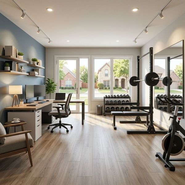 Finished garage space converted into a modern, functional home office and gym with bright lighting and new floors.