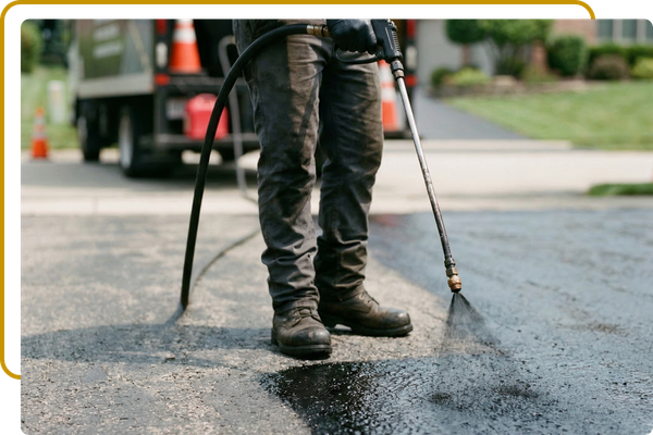 contractor applying oil-based sealcoating