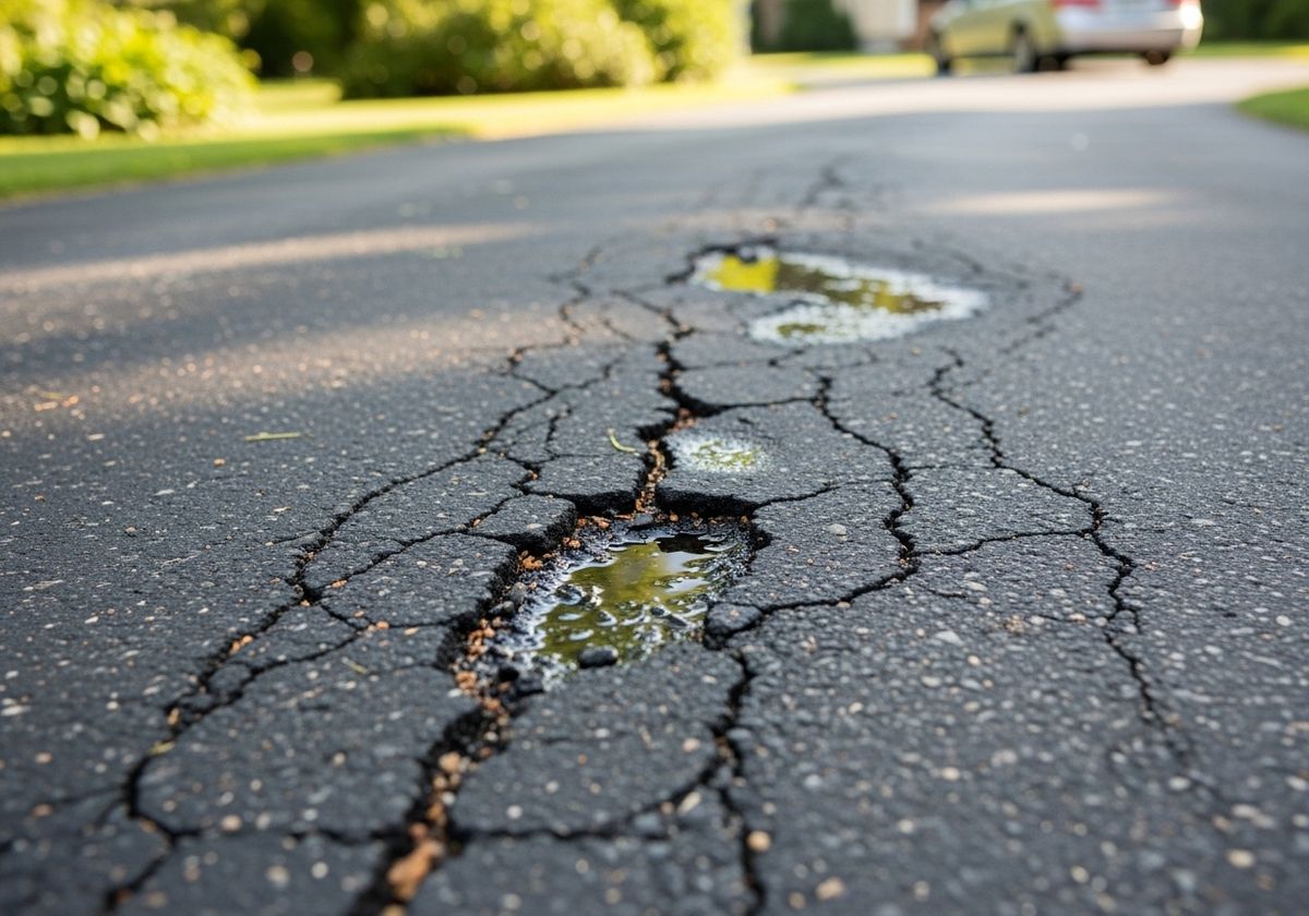 Cracked Asphalt Road with Puddles